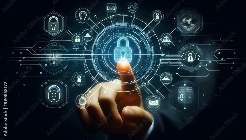 Digital cybersecurity interface with hand pointing at lock icon on dark background. Digital cybersecurity interface with hand pointing at lock icon on dark background.