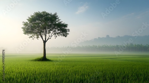 Lone Tree Bathed in Warm Morning Sunlight Amid Expansive Rice Field Dew Covered Grass Creating a Fresh and Serene Pastoral Scene of Tranquil Solitude