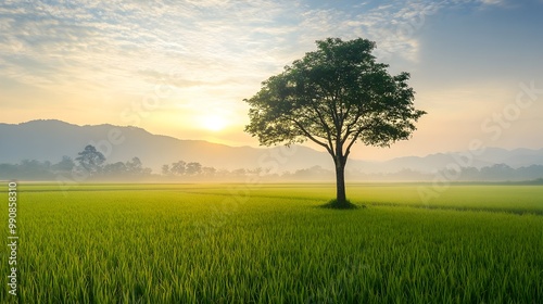 Lone tree standing tall and proud in the center of a sweeping rice field its branches illuminated by the warm golden glow of the early morning sun and dew kissed grass creating a fresh