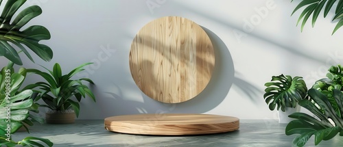 Wallpaper Mural Minimalist wooden podium surrounded by vibrant green leaves, natural light casting shadows, green arch backdrop, tranquil atmosphere Torontodigital.ca