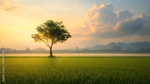 Solitary tree standing tall in the center of a lush rice field bathed in the warm glow of the rising sun and surrounded by soft wispy clouds  The morning mist is beginning to lift