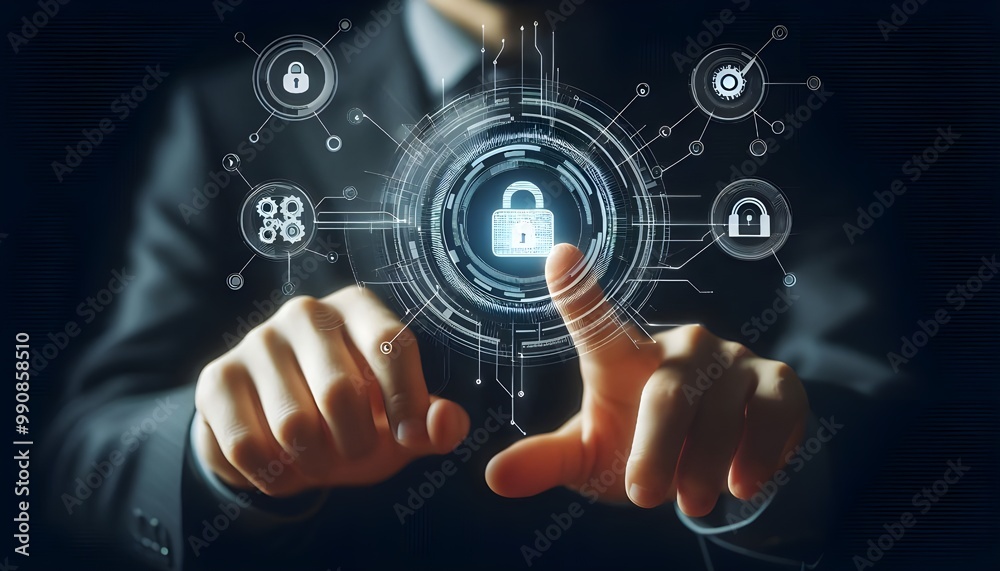 Digital cybersecurity interface with hand pointing at lock icon on dark background. Digital cybersecurity interface with hand pointing at lock icon on dark background.