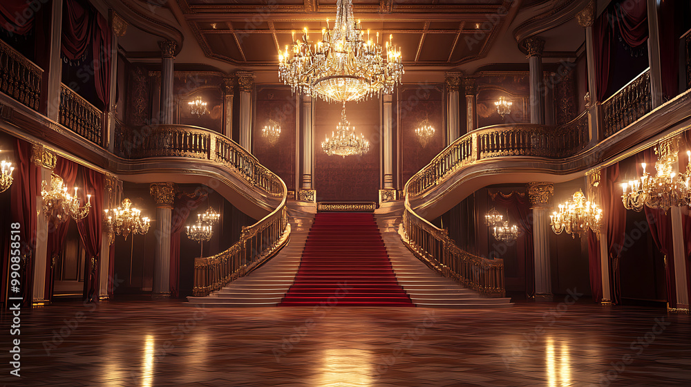 Glamorous background with a luxurious anime-style ballroom, including chandeliers, decorations, and a grand staircase Glamorous background with a luxurious anime-style ballroom, including chandeliers, decorations, and a grand staircase