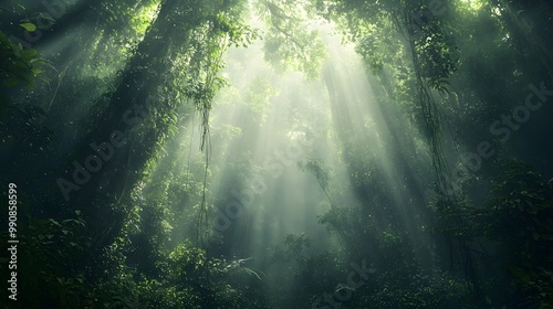 and mysterious tropical rainforest landscape with towering trees covered in vines and sunlight barely filtering through the dense lush canopy