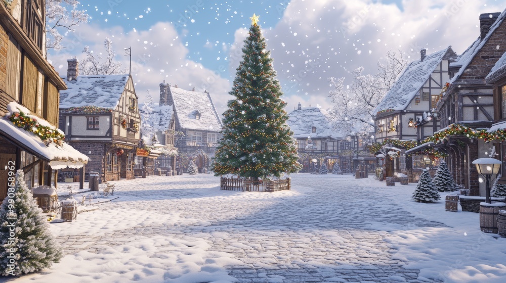 Fototapeta premium Snowy Town Square with Christmas Tree Lights