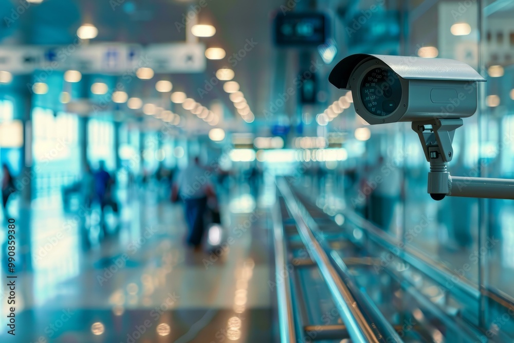 Security camera monitoring passengers walking through a busy airport terminal