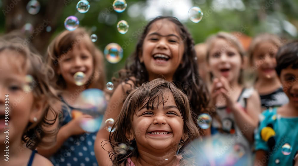 A group of children laugh and play with bubbles. A group of children laugh and play with bubbles.