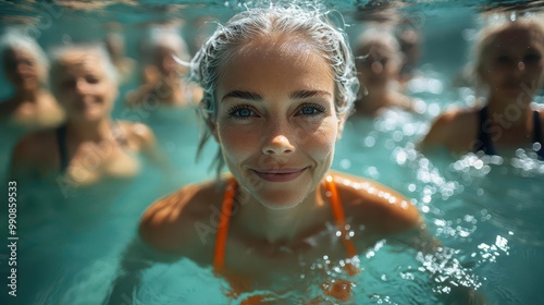 vibrant underwater aerobics class for seniors with colorful swimsuits and flowing silver hair creating a kaleidoscope effect in crystalclear turquoise water embodying joy and vitality photo