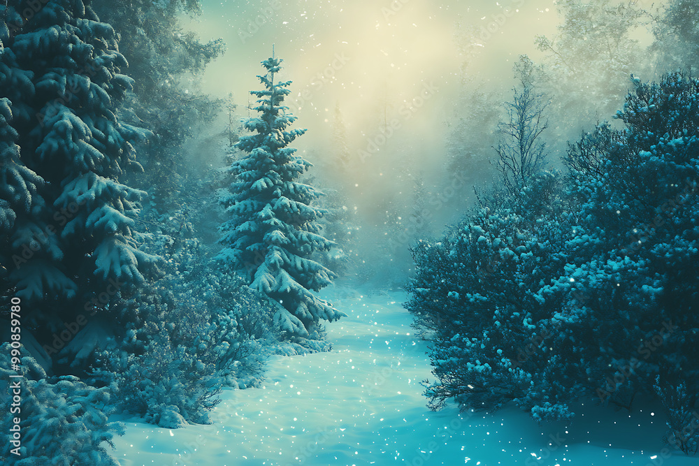 Enchanting Christmas background with a snow-covered forest scene and subtle golden glow Enchanting Christmas background with a snow-covered forest scene and subtle golden glow