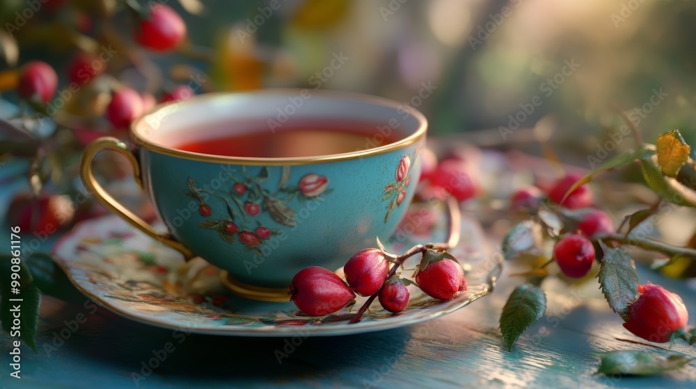 Rosehip Tea in Transparent Cup with Berries on Rustic Table Rosehip Tea in Transparent Cup with Berries on Rustic Table