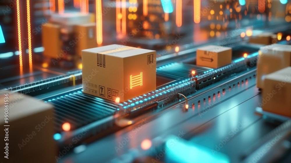 A conveyor belt system transporting packages in a modern warehouse setting. A conveyor belt system transporting packages in a modern warehouse setting.
