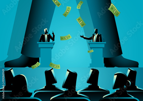 Giant figure behind debating politicians, showering them with money, symbolizing the hidden influence of powerful elites controlling governments. Concepts of behind the scenes manipulation in politics