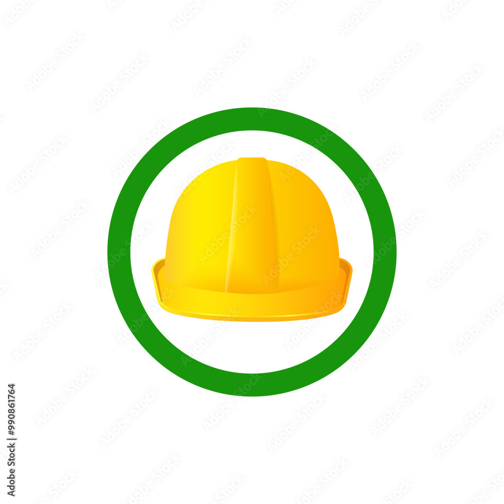 Fototapeta premium Good helmet icon. Yellow safe symbol. Helmet of builder with green ring.