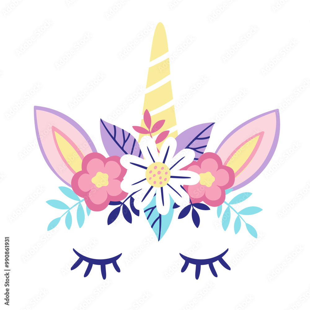 Flowers with elements magical unicorn. Vector hand drawing illustration isolated on white background
