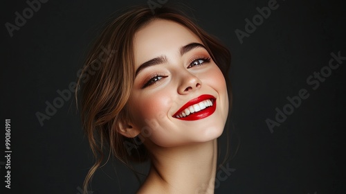 Close-up of a charming, attractive young woman grinning and wearing red lipstick against a dark grey background. cosmetics and makeup artistry. Idea of magazine, emotions, beauty, fashion, and adverti