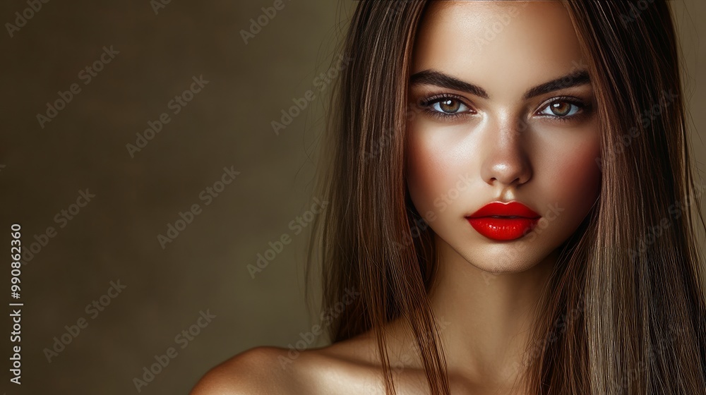 Close-up of a charming, attractive young woman grinning and wearing red lipstick against a dark grey background. cosmetics and makeup artistry. Idea of magazine, emotions, beauty, fashion, and adverti Close-up of a charming, attractive young woman grinning and wearing red lipstick against a dark grey background. cosmetics and makeup artistry. Idea of magazine, emotions, beauty, fashion, and adverti