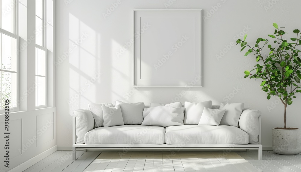 Modern Minimalist Living Room with Blank Picture Frame on Wall, White Sofa, Soft Cushions, Sunlight, Background with Copy Space, Mockup