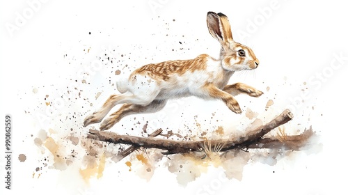 Field hare jumping over fallen branches