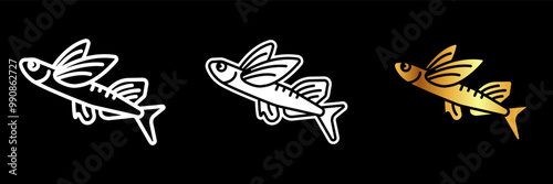 Flying Fish icon, A marine fish known for its ability to glide above the water's surface, using its elongated fins for flight.