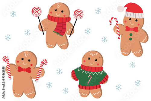 Christmas elements set. Gingerbread man collection. Horizontal vector illustration for winter holidays. Postcard, poster, banner	