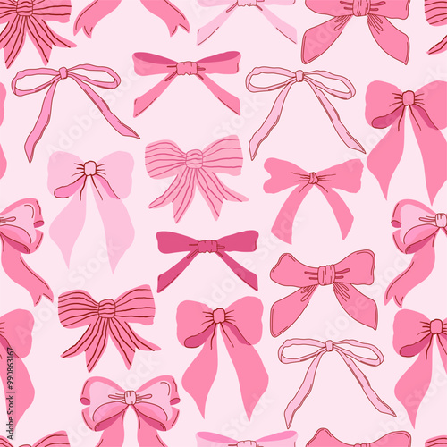 Seamless pattern with various pink bow knots. Trendy hair braiding accessory. Editable vector illustration for wrapping paper, packaging, fabric, wallpaper, phone case etc.