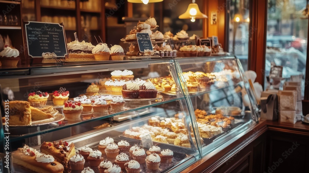 A display case filled with various pastries and desserts in a cozy bakery setting. A display case filled with various pastries and desserts in a cozy bakery setting.