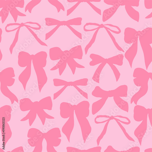 Seamless pattern with silhouette of pink bow knots. Abstract hair braiding accessory. Editable vector illustration for wrapping paper, packaging, fabric, wallpaper, phone case etc.