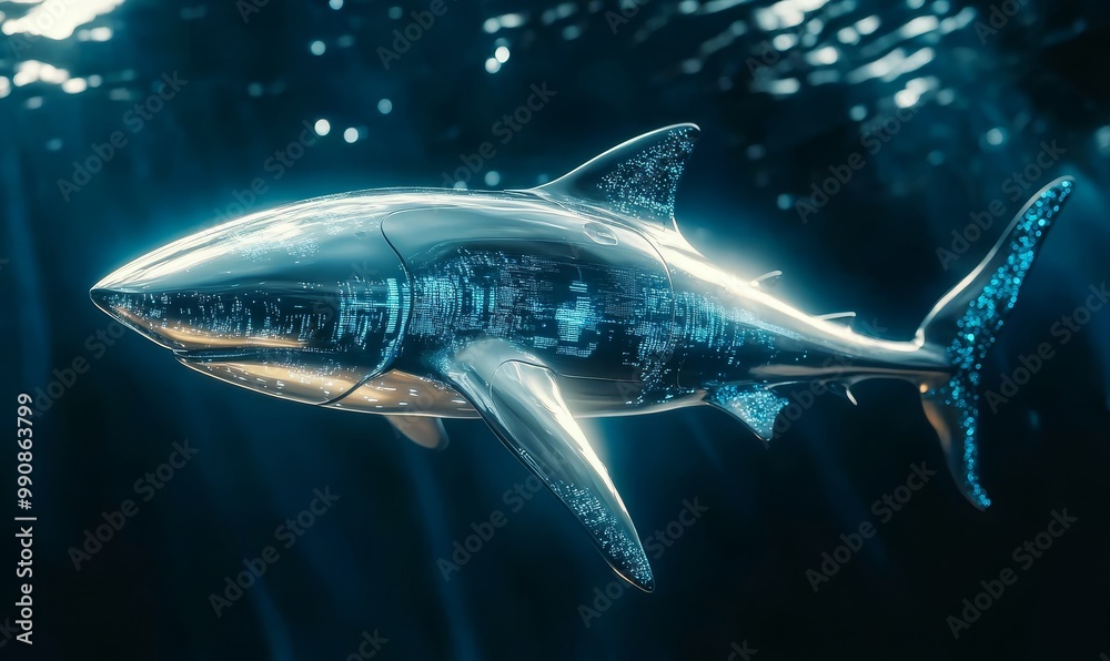 Obraz premium A metallic shark with glowing blue data.