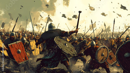 Viking warriors, generals, and normans fought fiercely at the battle of the british isles, an epic battle scene. generative ai. Medieval Battle. Illustration photo