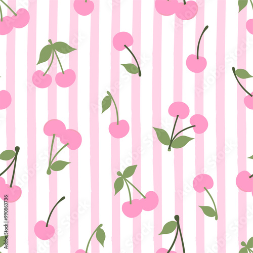 Seamless pattern with cherry fruit on striped pink background. Trendy preppy design. Editable vector illustration for wrapping paper, packaging, fabric, room decor, phone case etc.