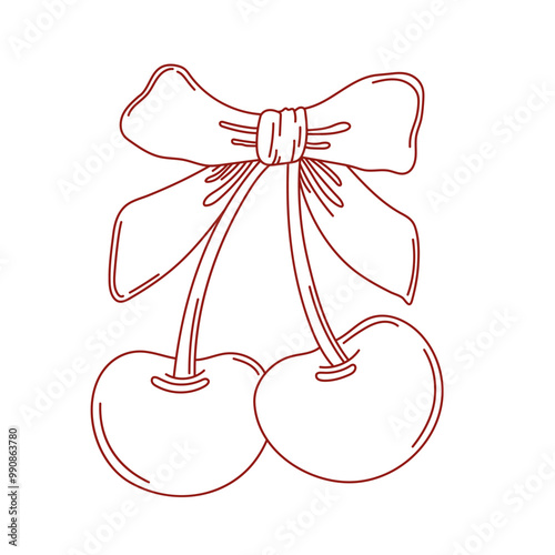 Coquette cherries with bow. Black and white contour line cherry icon. Page color kids. Vector illustration.