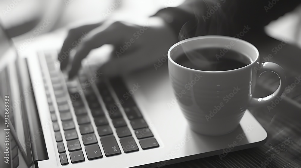 A person working on a laptop with a cup of coffee. A person working on a laptop with a cup of coffee.