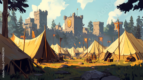 War camp with tents, fortifications, castle encampment for battle preparation in medieval times. generative ai. Medieval Battle. Illustration photo