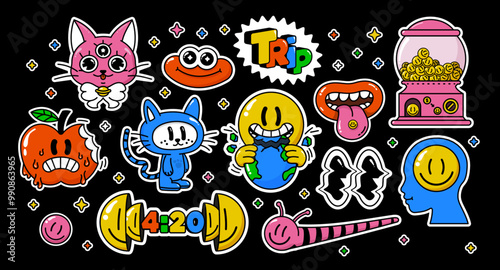 Trippy cartoon characters sticker. Abstract psychedelic smile pill trip, Acid tongue out, 4:20 time to smoke. Vector set of colorful labels