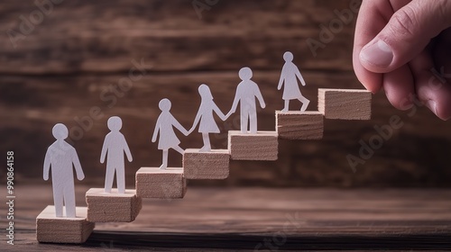 Teamwork success - Team of business people walking up staircase, holding hands with raised flag

 photo