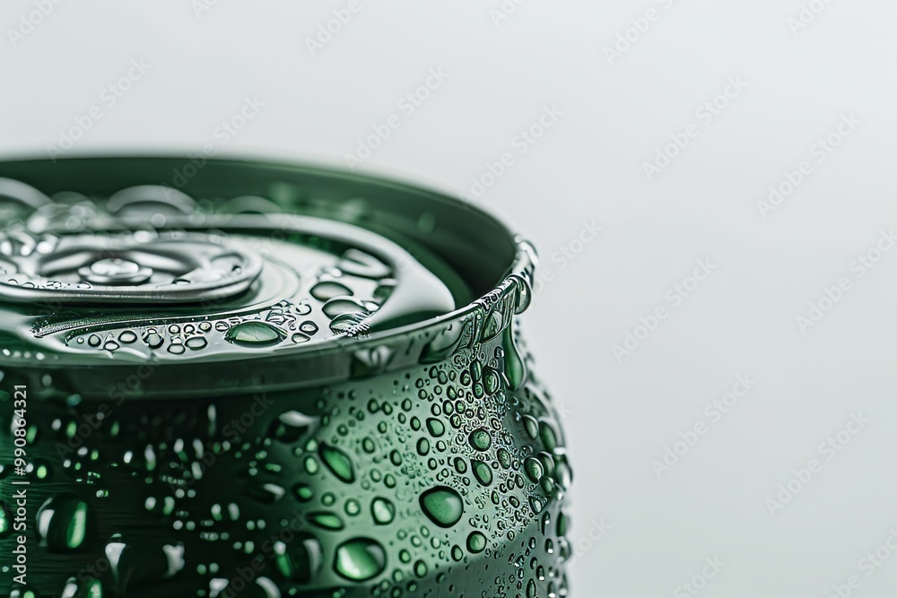 close up of the top edge of an open green soda can with white background, white and silver label on it, white background, water drops on can lid, macro photography, professional studio photography, wh