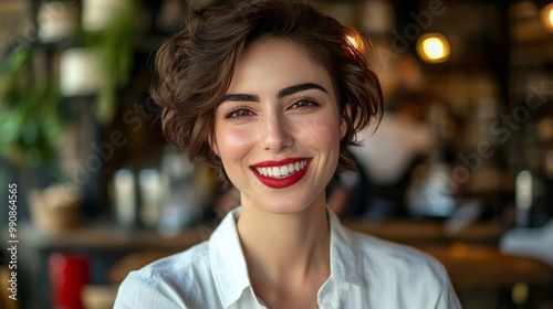 Chic woman in a light shirt and short hair grinning in a cafe. Brunette woman in a restaurant staring into the camera while wearing red lipstick