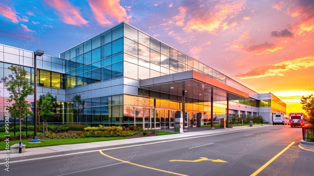 Obraz premium A modern hospital exterior at sunset, with patients and ambulances arriving at the emergency entrance.