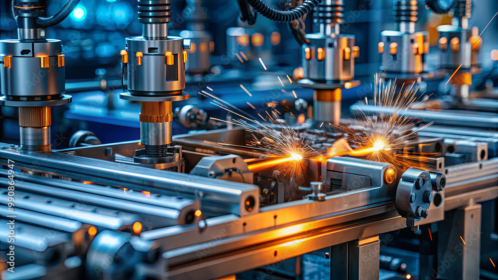 Welding sparks illuminate a modern manufacturing line filled with precision machinery, highlighting the intricate processes involved in production at dusk