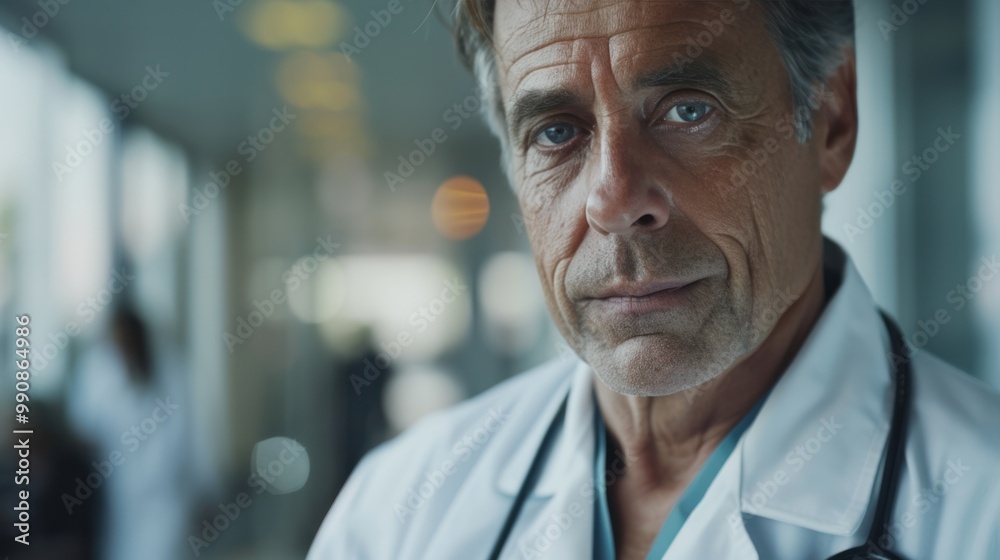 A mature doctor with a confident expression, dressed in medical attire. A mature doctor with a confident expression, dressed in medical attire.