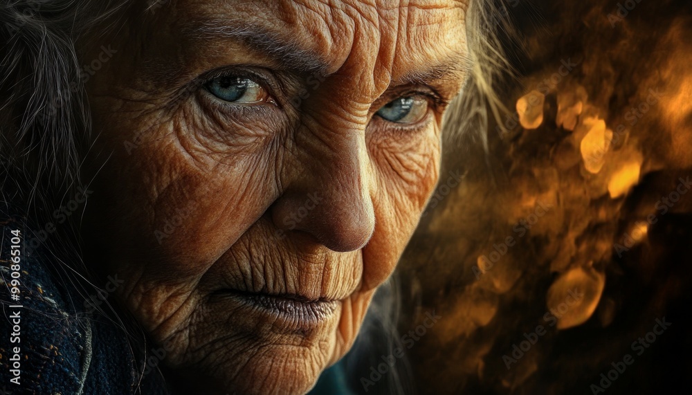 Expressive Old Woman with Deep Wrinkles and Thoughtful Eyes in Dramatic Light Expressive Old Woman with Deep Wrinkles and Thoughtful Eyes in Dramatic Light