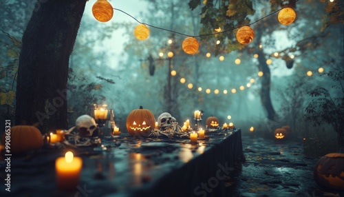 Halloween Party with Lanterns and Pumpkins in Festive Setting