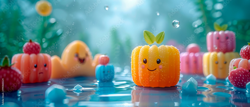 A group of cartoon fruits are floating in a body of water A group of cartoon fruits are floating in a body of water
