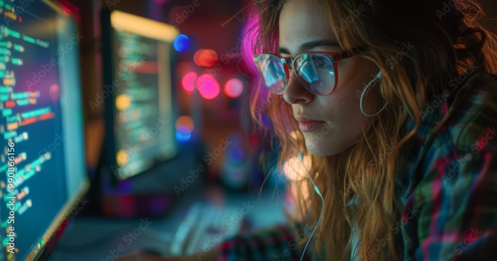 Female software developer working late at night in an office, surrounded by computer screens and lines of code, representing her dedication to the digital world of technology. Shot with a Sony Alpha A Female software developer working late at night in an office, surrounded by computer screens and lines of code, representing her dedication to the digital world of technology. Shot with a Sony Alpha A