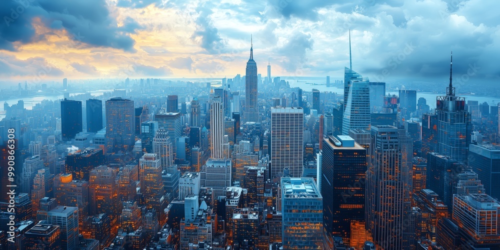 Nighttime Cityscape with Drones Over Modern Skyline Nighttime Cityscape with Drones Over Modern Skyline