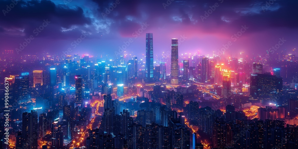 Modern Cityscape at Night with Glowing Lights Modern Cityscape at Night with Glowing Lights