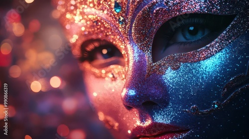 A close-up of a beautifully decorated mask with sparkling details and an enchanting shimmer, capturing a moment of mystery.