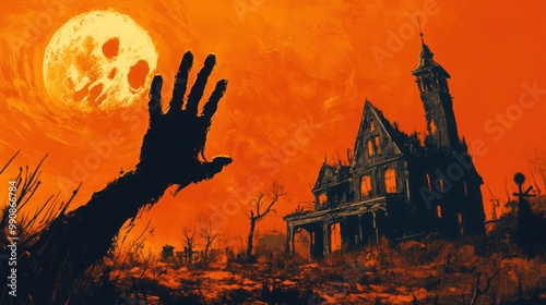 Haunted house, ghost, ghost hand in orange background