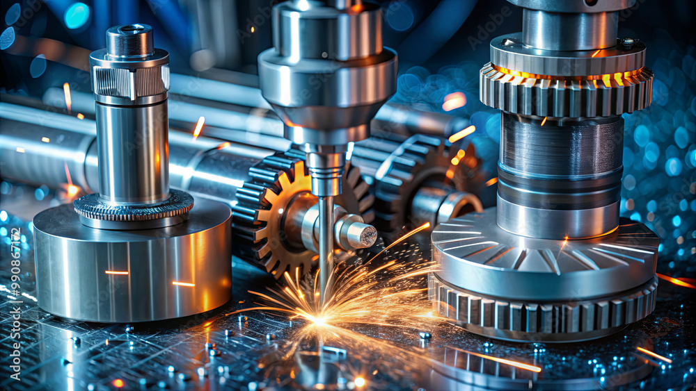 A detailed view of precision machining in an industrial setting, featuring metal gears and components actively being cut, with sparks flying around A detailed view of precision machining in an industrial setting, featuring metal gears and components actively being cut, with sparks flying around