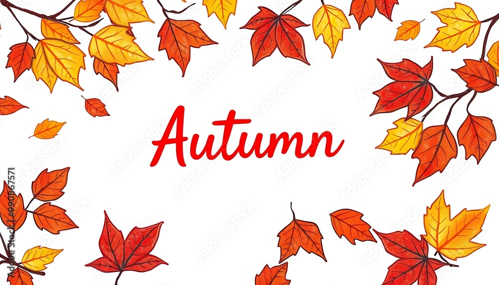With the arrival of autumn, the fallen leaves begin to disperse. Autumn is written in the middle of the picture. pattern drawing. With the arrival of autumn, the fallen leaves begin to disperse. Autumn is written in the middle of the picture. pattern drawing.